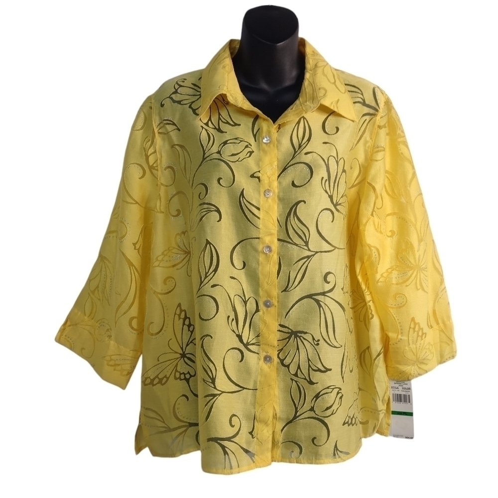 Alfred Dunner Top Shirt Women's Yellow Butterfly Button Up Sz PL NWT